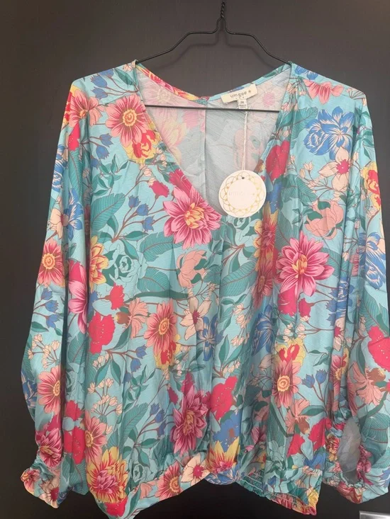 Umgee Aqua Floral V-Neck Puff Sleeve Blouse - Picture 3 of 9